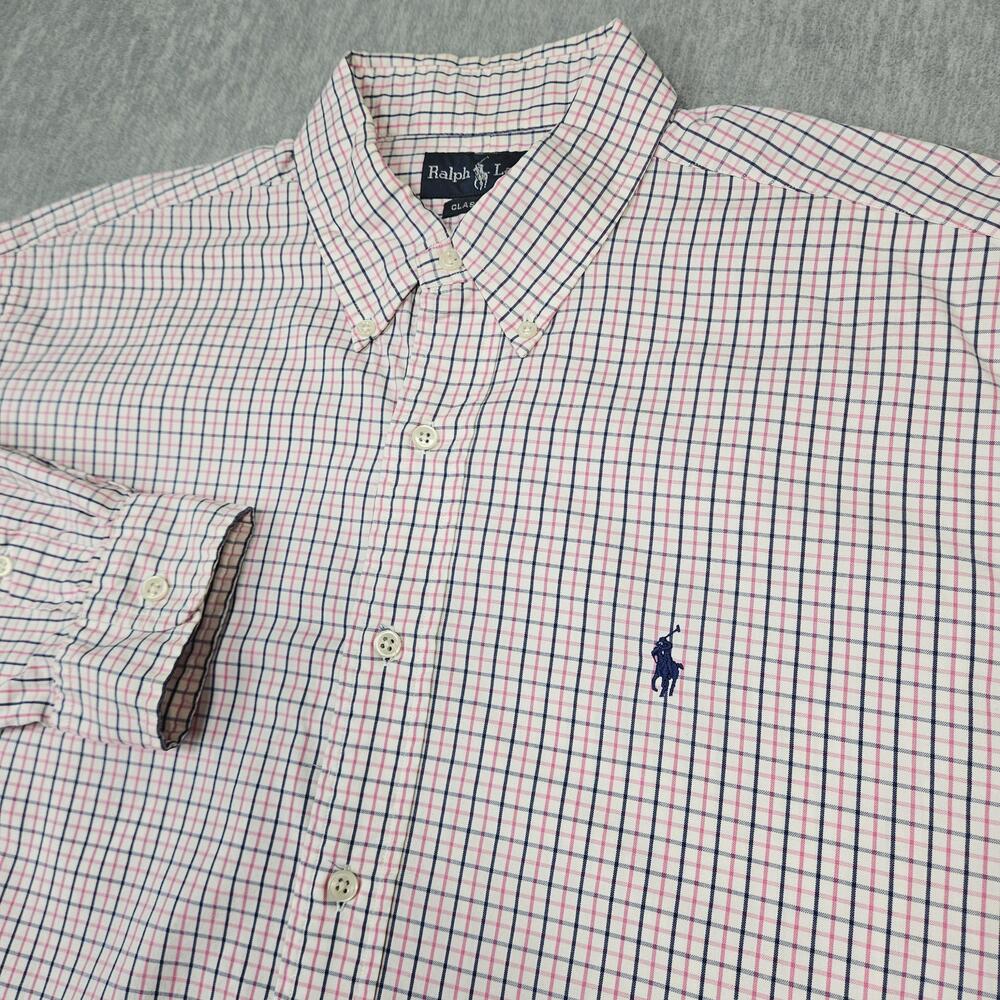 Ralph Lauren Shirt Mens L White Pink Blue Check Button Up Long Sleeve Pony